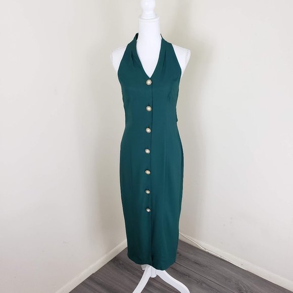 Vintage Knapp Studio Sleeveless Buttoned Halter Neck Dress Emerald Green Size 7 - Picture 11 of 11